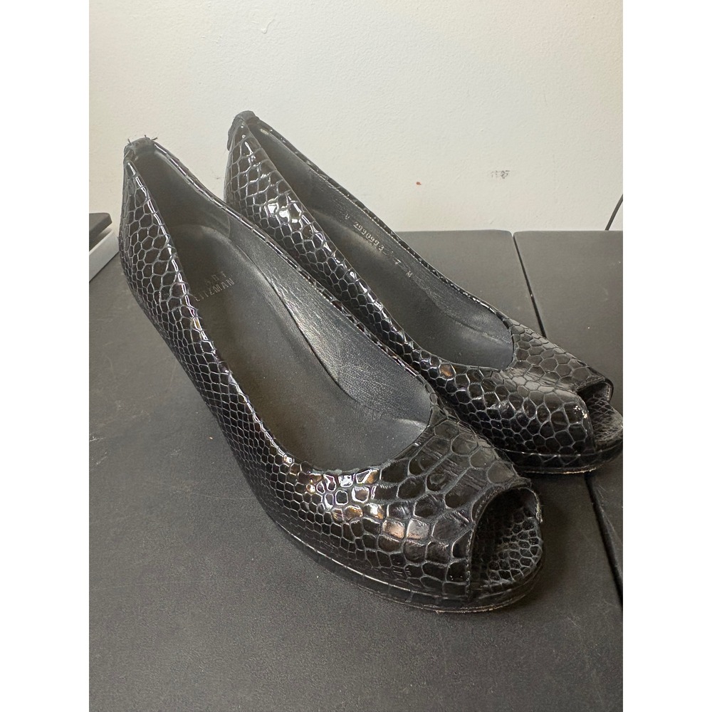 Stuart Weitzman Black Snakeskin Peep Toe Pumps Heels Size 7M Spain